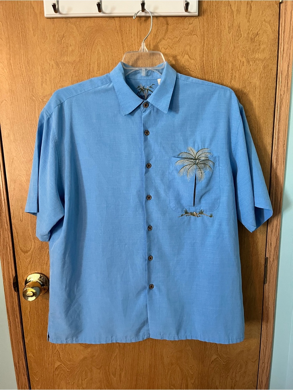 Bamboo Cay Men's Blue Palm Embroidered Short-Sleeve Shirt Size Large EUC
